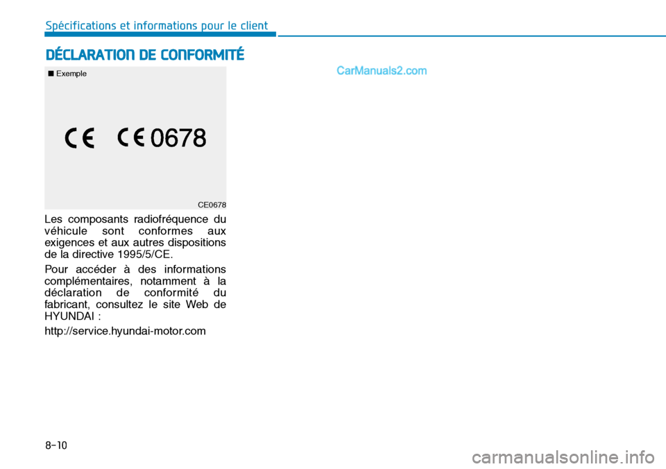 Hyundai Ioniq Plug-in Hybrid 2019 Manuel du propriétaire (in French) 8-10
Spécifications et informations pour le client
Les composants radiofréquence du
véhicule sont conformes aux
exigences et aux autres dispositions
de la directive 1995/5/CE.
Pour accéder à des Hyundai Ioniq Plug-in Hybrid 2019 Manuel du propriétaire (in French) 8-10
Spécifications et informations pour le client
Les composants radiofréquence du
véhicule sont conformes aux
exigences et aux autres dispositions
de la directive 1995/5/CE.
Pour accéder à des