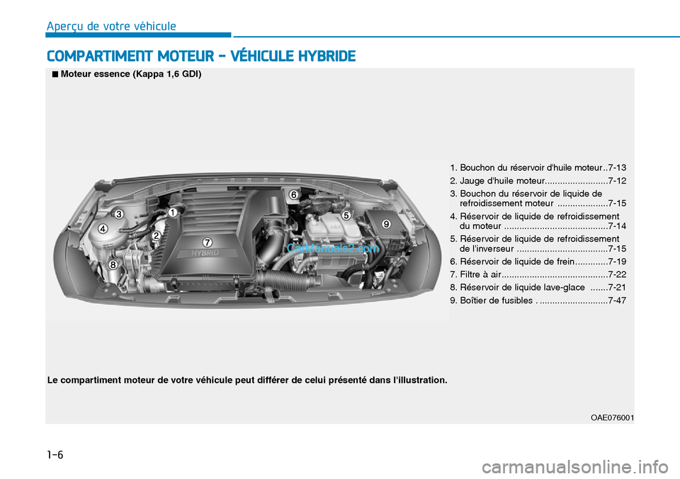 Hyundai Ioniq Plug-in Hybrid 2019  Manuel du propriétaire (in French) 1-6
Aperçu de votre véhicule                
COMPARTIMENT MOTEUR - VÉHICULE HYBRIDE
OAE076001
Le compartiment moteur de votre véhicule peut différer de celui présenté dans lillustration.
■Mo