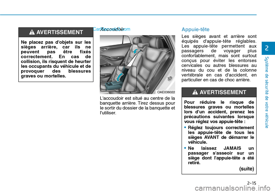 Hyundai Ioniq Plug-in Hybrid 2019 Manuel du propriétaire (in French) 2-15
Système de sécurité de votre véhicule
2
Accoudoir
Laccoudoir est situé au centre de la
banquette arrière. Tirez dessus pour
le sortir du dossier de la banquette et
lutiliser.
Appuie-tê Hyundai Ioniq Plug-in Hybrid 2019 Manuel du propriétaire (in French) 2-15
Système de sécurité de votre véhicule
2
Accoudoir
Laccoudoir est situé au centre de la
banquette arrière. Tirez dessus pour
le sortir du dossier de la banquette et
lutiliser.
Appuie-tê