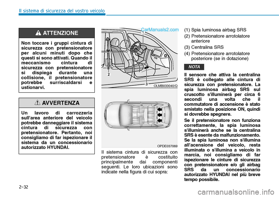 Hyundai Ioniq Plug-in Hybrid 2019  Manuale del proprietario (in Italian) 2-32
Il sistema di sicurezza del vostro veicolo
Il sistema cintura di sicurezza con
pretensionatore è costituito
principalmente dai componenti
seguenti. Le loro ubicazioni sono
indicate nella figura 