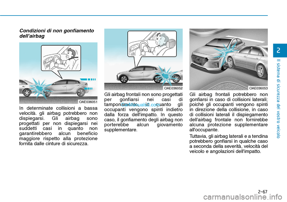 Hyundai Ioniq Plug-in Hybrid 2019  Manuale del proprietario (in Italian) 2-67
Il sistema di sicurezza del vostro veicolo
2
Condizioni di non gonfiamento
dellairbag 
In determinate collisioni a bassa
velocità. gli airbag potrebbero non
dispiegarsi. Gli airbag sono
progett