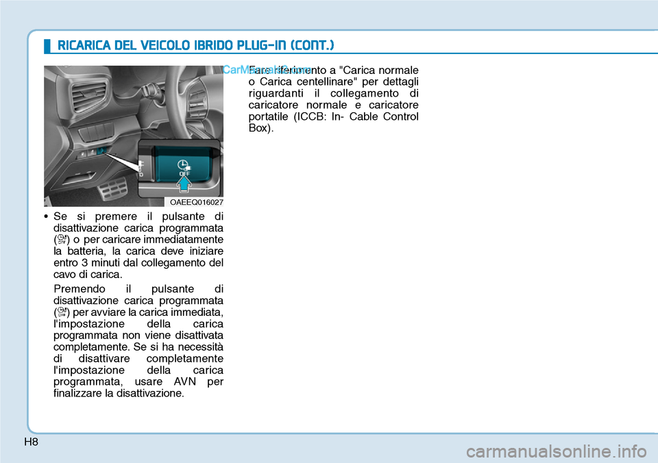Hyundai Ioniq Plug-in Hybrid 2019 Manuale del proprietario (in Italian) H8
• Se si premere il pulsante di
disattivazione carica programmata
( ) o per caricare immediatamente
la batteria, la carica deve iniziare
entro 3 minuti dal collegamento del
cavo di carica.
Premend Hyundai Ioniq Plug-in Hybrid 2019 Manuale del proprietario (in Italian) H8
• Se si premere il pulsante di
disattivazione carica programmata
( ) o per caricare immediatamente
la batteria, la carica deve iniziare
entro 3 minuti dal collegamento del
cavo di carica.
Premend