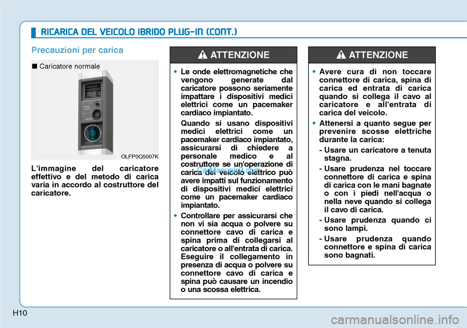 Hyundai Ioniq Plug-in Hybrid 2019 Manuale del proprietario (in Italian) H10
Precauzioni per carica
Limmagine del caricatore
effettivo e del metodo di carica
varia in accordo al costruttore del
caricatore.•Le onde elettromagnetiche che
vengono generate dal
caricatore po Hyundai Ioniq Plug-in Hybrid 2019 Manuale del proprietario (in Italian) H10
Precauzioni per carica
Limmagine del caricatore
effettivo e del metodo di carica
varia in accordo al costruttore del
caricatore.•Le onde elettromagnetiche che
vengono generate dal
caricatore po