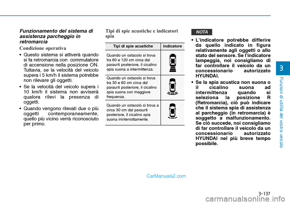 Hyundai Ioniq Plug-in Hybrid 2019 Manuale del proprietario (in Italian) 3-137
Funzioni di utilità del vostro veicolo
3
Funzionamento del sistema di
assistenza parcheggio in
retromarcia
Condizione operativa
• Questo sistema si attiverà quando
si fa retromarcia con com Hyundai Ioniq Plug-in Hybrid 2019 Manuale del proprietario (in Italian) 3-137
Funzioni di utilità del vostro veicolo
3
Funzionamento del sistema di
assistenza parcheggio in
retromarcia
Condizione operativa
• Questo sistema si attiverà quando
si fa retromarcia con com