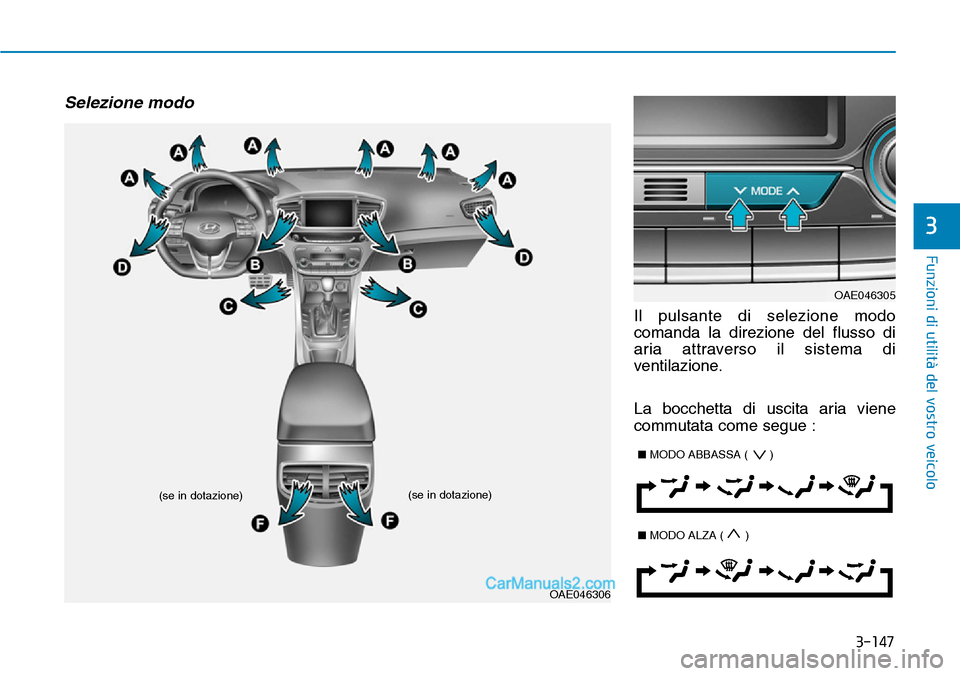 Hyundai Ioniq Plug-in Hybrid 2019 Manuale del proprietario (in Italian) 3-147
Funzioni di utilità del vostro veicolo
3
Selezione modo
Il pulsante di selezione modo
comanda la direzione del flusso di
aria attraverso il sistema di
ventilazione.
La bocchetta di uscita aria Hyundai Ioniq Plug-in Hybrid 2019 Manuale del proprietario (in Italian) 3-147
Funzioni di utilità del vostro veicolo
3
Selezione modo
Il pulsante di selezione modo
comanda la direzione del flusso di
aria attraverso il sistema di
ventilazione.
La bocchetta di uscita aria