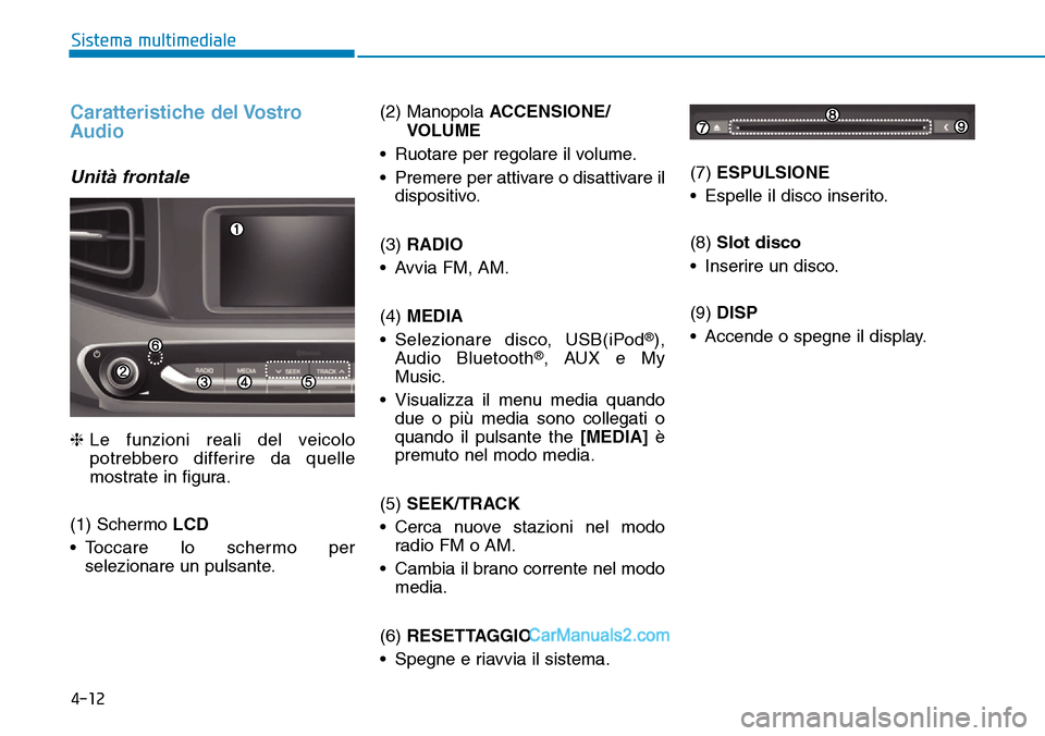Hyundai Ioniq Plug-in Hybrid 2019  Manuale del proprietario (in Italian) 4-12
Sistema multimediale
Caratteristiche del Vostro
Audio
Unità frontale
❈Le funzioni reali del veicolo
potrebbero differire da quelle
mostrate in figura.
(1) Schermo LCD
• Toccare lo schermo pe