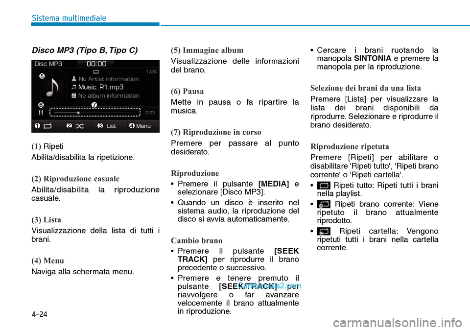 Hyundai Ioniq Plug-in Hybrid 2019 Manuale del proprietario (in Italian) 4-24
Sistema multimediale
Disco MP3 (Tipo B, Tipo C)
(1) Ripeti
Abilita/disabilita la ripetizione.
(2) Riproduzione casuale
Abilita/disabilita la riproduzione
casuale.
(3) Lista
Visualizzazione della Hyundai Ioniq Plug-in Hybrid 2019 Manuale del proprietario (in Italian) 4-24
Sistema multimediale
Disco MP3 (Tipo B, Tipo C)
(1) Ripeti
Abilita/disabilita la ripetizione.
(2) Riproduzione casuale
Abilita/disabilita la riproduzione
casuale.
(3) Lista
Visualizzazione della
