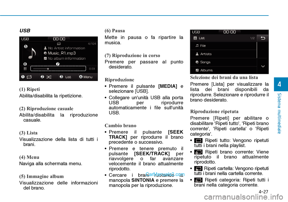 Hyundai Ioniq Plug-in Hybrid 2019 Manuale del proprietario (in Italian) 4-27
Sistema multimediale
4
USB
(1) Ripeti
Abilita/disabilita la ripetizione.
(2) Riproduzione casuale
Abilita/disabilita la riproduzione
casuale.
(3) Lista
Visualizzazione della lista di tutti i
bran Hyundai Ioniq Plug-in Hybrid 2019 Manuale del proprietario (in Italian) 4-27
Sistema multimediale
4
USB
(1) Ripeti
Abilita/disabilita la ripetizione.
(2) Riproduzione casuale
Abilita/disabilita la riproduzione
casuale.
(3) Lista
Visualizzazione della lista di tutti i
bran