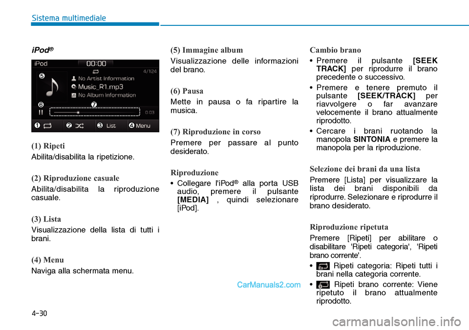Hyundai Ioniq Plug-in Hybrid 2019 Manuale del proprietario (in Italian) 4-30
Sistema multimediale
iPod®
(1) Ripeti
Abilita/disabilita la ripetizione.
(2) Riproduzione casuale
Abilita/disabilita la riproduzione
casuale.
(3) Lista
Visualizzazione della lista di tutti i
bra Hyundai Ioniq Plug-in Hybrid 2019 Manuale del proprietario (in Italian) 4-30
Sistema multimediale
iPod®
(1) Ripeti
Abilita/disabilita la ripetizione.
(2) Riproduzione casuale
Abilita/disabilita la riproduzione
casuale.
(3) Lista
Visualizzazione della lista di tutti i
bra