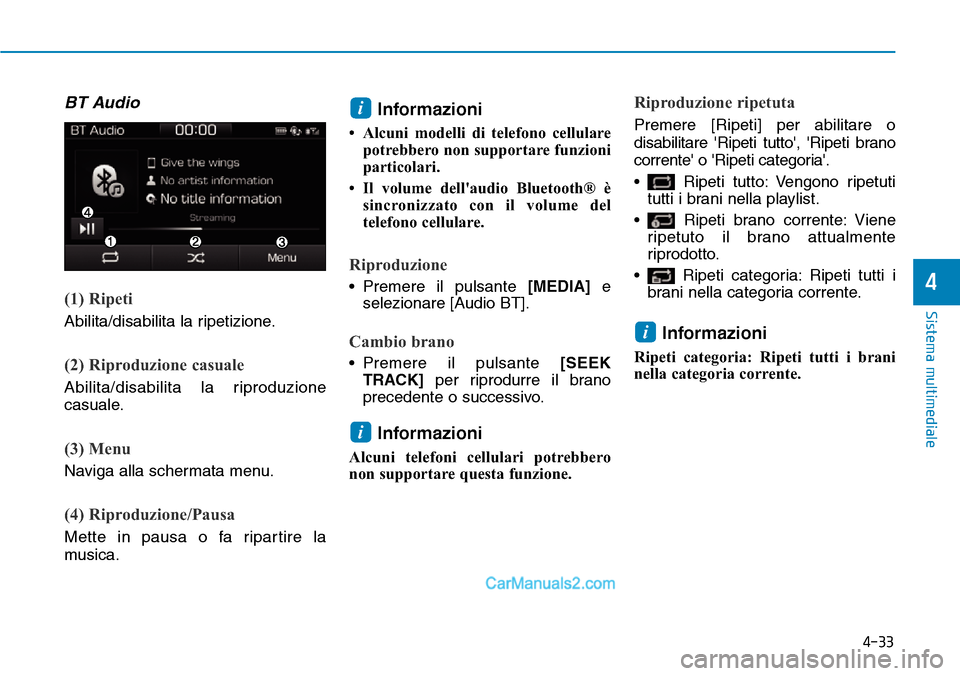 Hyundai Ioniq Plug-in Hybrid 2019 Manuale del proprietario (in Italian) 4-33
Sistema multimediale
4
BT Audio
(1) Ripeti
Abilita/disabilita la ripetizione.
(2) Riproduzione casuale
Abilita/disabilita la riproduzione
casuale.
(3) Menu
Naviga alla schermata menu.
(4) Riprodu Hyundai Ioniq Plug-in Hybrid 2019 Manuale del proprietario (in Italian) 4-33
Sistema multimediale
4
BT Audio
(1) Ripeti
Abilita/disabilita la ripetizione.
(2) Riproduzione casuale
Abilita/disabilita la riproduzione
casuale.
(3) Menu
Naviga alla schermata menu.
(4) Riprodu