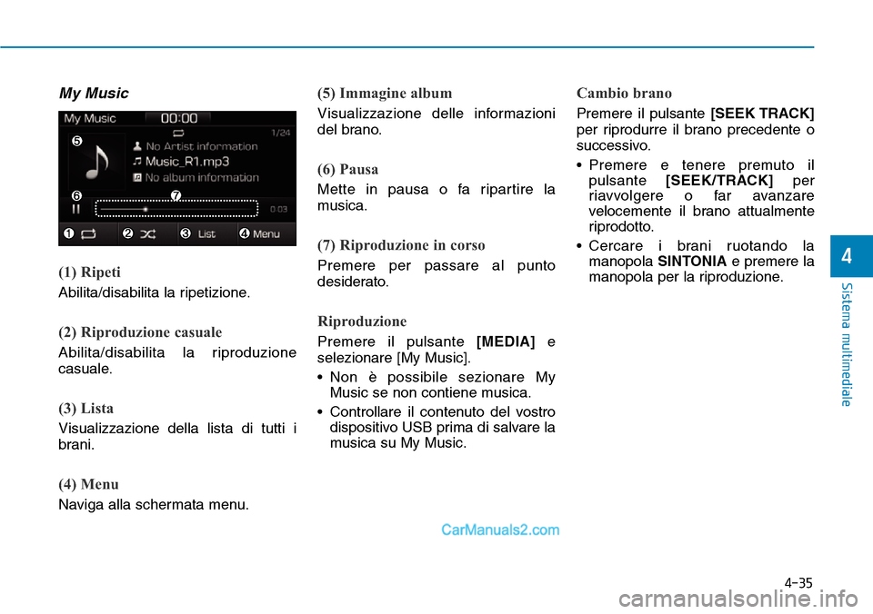 Hyundai Ioniq Plug-in Hybrid 2019 Manuale del proprietario (in Italian) 4-35
Sistema multimediale
4
My Music
(1) Ripeti
Abilita/disabilita la ripetizione.
(2) Riproduzione casuale
Abilita/disabilita la riproduzione
casuale.
(3) Lista
Visualizzazione della lista di tutti i Hyundai Ioniq Plug-in Hybrid 2019 Manuale del proprietario (in Italian) 4-35
Sistema multimediale
4
My Music
(1) Ripeti
Abilita/disabilita la ripetizione.
(2) Riproduzione casuale
Abilita/disabilita la riproduzione
casuale.
(3) Lista
Visualizzazione della lista di tutti i