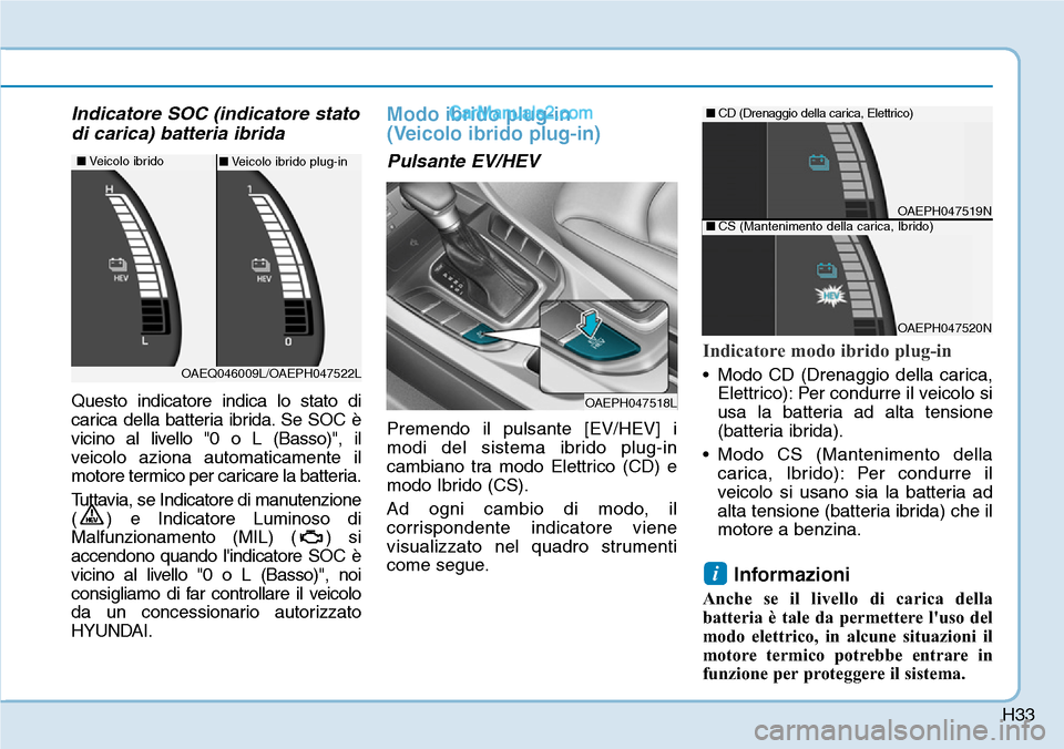 Hyundai Ioniq Plug-in Hybrid 2019 Manuale del proprietario (in Italian) H33
Indicatore SOC (indicatore stato
di carica) batteria ibrida
Questo indicatore indica lo stato di
carica della batteria ibrida. Se SOC è
vicino al livello "0 o L (Basso)", il
veicolo aziona automa Hyundai Ioniq Plug-in Hybrid 2019 Manuale del proprietario (in Italian) H33
Indicatore SOC (indicatore stato
di carica) batteria ibrida
Questo indicatore indica lo stato di
carica della batteria ibrida. Se SOC è
vicino al livello "0 o L (Basso)", il
veicolo aziona automa