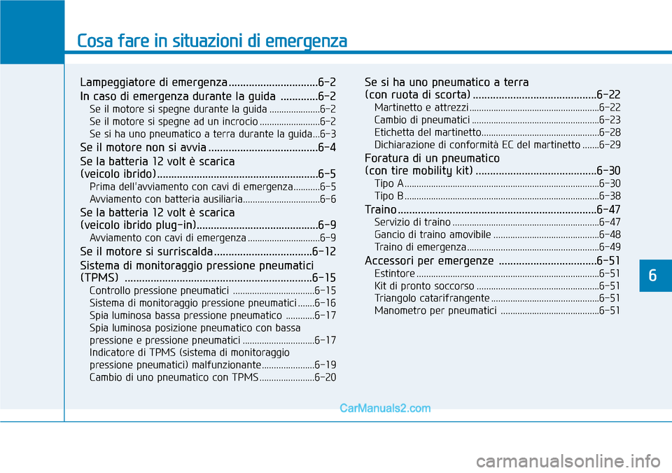 Hyundai Ioniq Plug-in Hybrid 2019 Manuale del proprietario (in Italian) Cosa fare in situazioni di emergenza
Lampeggiatore di emergenza ...............................6-2
In caso di emergenza durante la guida .............6-2
Se il motore si spegne durante la guida ..... Hyundai Ioniq Plug-in Hybrid 2019 Manuale del proprietario (in Italian) Cosa fare in situazioni di emergenza
Lampeggiatore di emergenza ...............................6-2
In caso di emergenza durante la guida .............6-2
Se il motore si spegne durante la guida .....