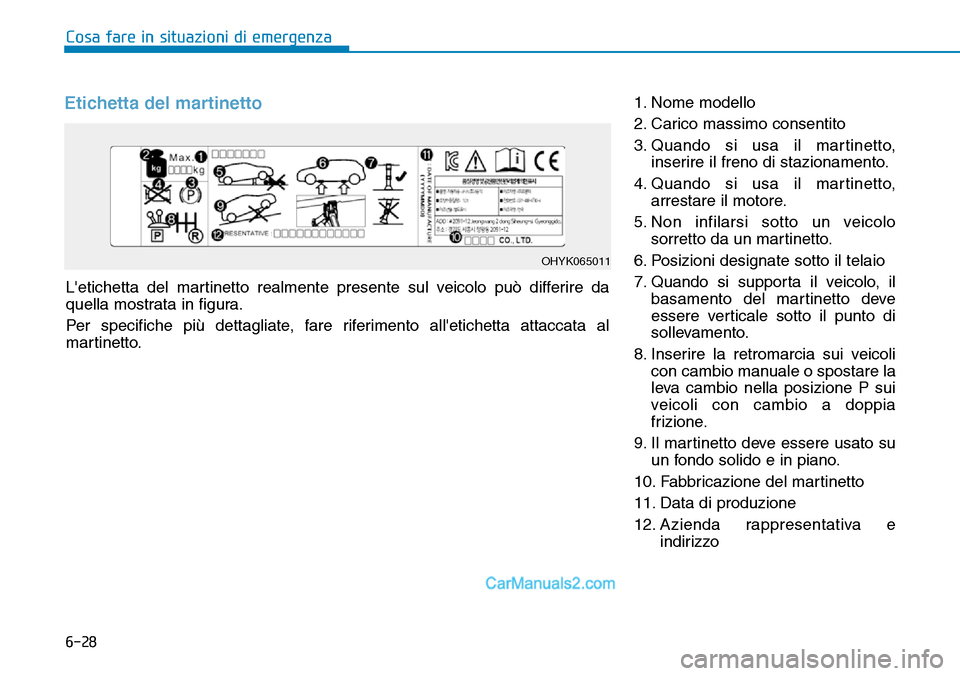 Hyundai Ioniq Plug-in Hybrid 2019 Manuale del proprietario (in Italian) 6-28
Cosa fare in situazioni di emergenza
Letichetta del martinetto realmente presente sul veicolo può differire da
quella mostrata in figura.
Per specifiche più dettagliate, fare riferimento alle Hyundai Ioniq Plug-in Hybrid 2019 Manuale del proprietario (in Italian) 6-28
Cosa fare in situazioni di emergenza
Letichetta del martinetto realmente presente sul veicolo può differire da
quella mostrata in figura.
Per specifiche più dettagliate, fare riferimento alle
