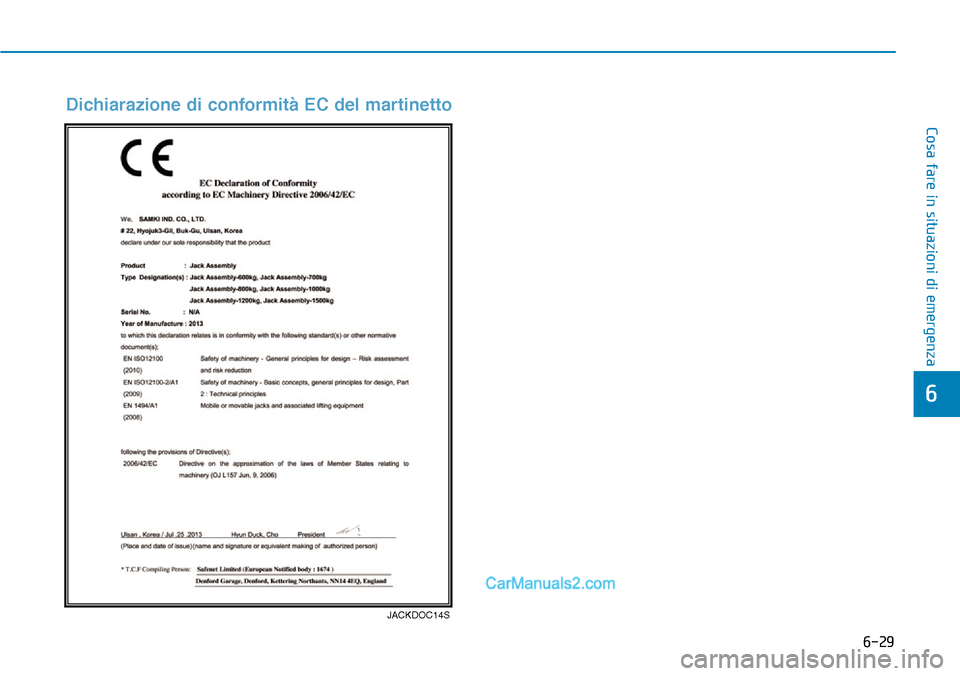 Hyundai Ioniq Plug-in Hybrid 2019 Manuale del proprietario (in Italian) 6-29
Cosa fare in situazioni di emergenza
6
JACKDOC14S
Dichiarazione di conformità EC del martinetto Hyundai Ioniq Plug-in Hybrid 2019 Manuale del proprietario (in Italian) 6-29
Cosa fare in situazioni di emergenza
6
JACKDOC14S
Dichiarazione di conformità EC del martinetto