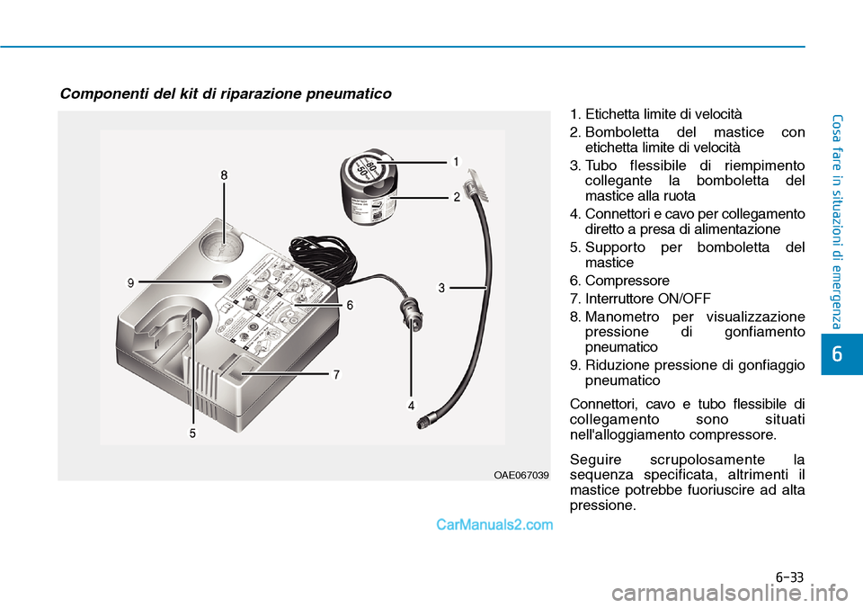 Hyundai Ioniq Plug-in Hybrid 2019  Manuale del proprietario (in Italian) 6-33
Cosa fare in situazioni di emergenza
6
1. Etichetta limite di velocità
2. Bomboletta del mastice con
etichetta limite di velocità
3. Tubo flessibile di riempimento
collegante la bomboletta del
