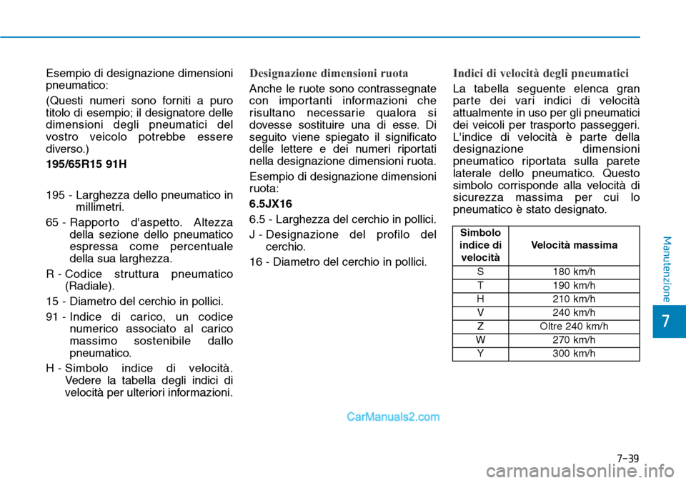 Hyundai Ioniq Plug-in Hybrid 2019  Manuale del proprietario (in Italian) 7-39
7
Manutenzione
Esempio di designazione dimensioni
pneumatico:
(Questi numeri sono forniti a puro
titolo di esempio; il designatore delle
dimensioni degli pneumatici del
vostro veicolo potrebbe es
