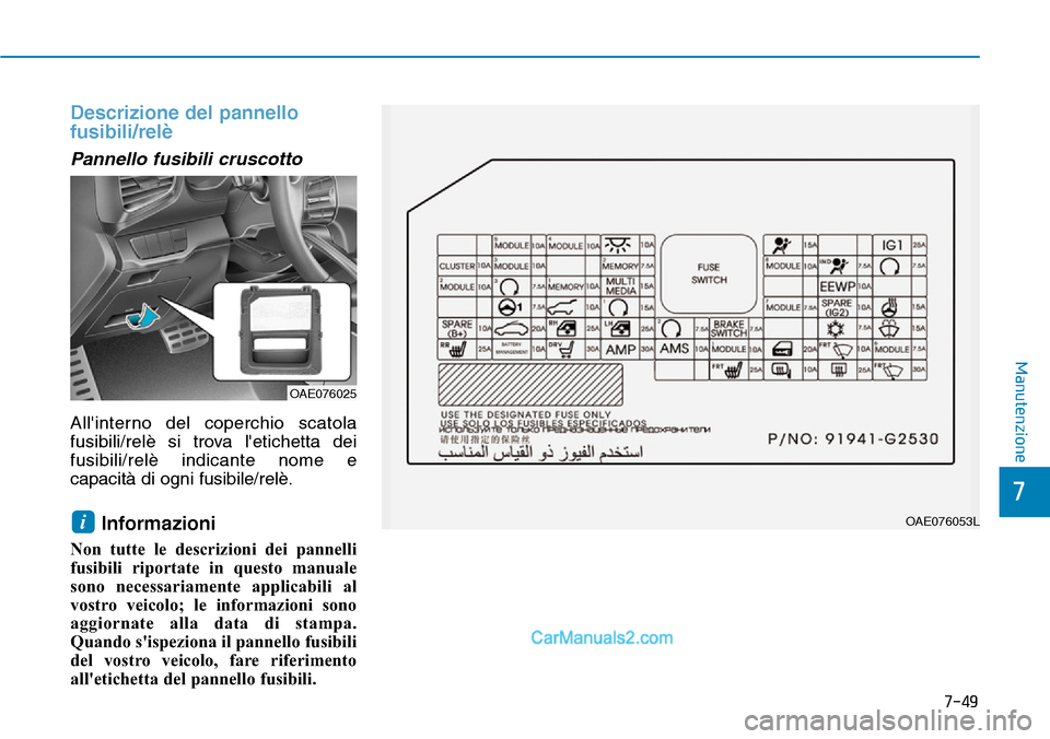 Hyundai Ioniq Plug-in Hybrid 2019  Manuale del proprietario (in Italian) 7-49
7
Manutenzione
Descrizione del pannello
fusibili/relè
Pannello fusibili cruscotto
Allinterno del coperchio scatola
fusibili/relè si trova letichetta dei
fusibili/relè indicante nome e
capaci