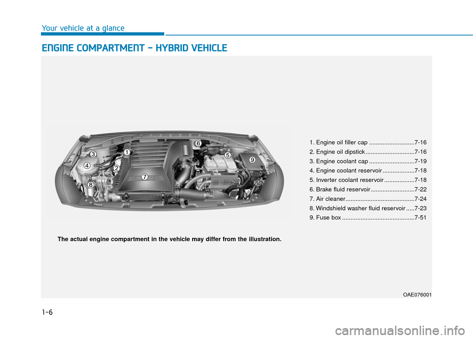Hyundai Ioniq Plug-in Hybrid 2018 Owners Manual 1-6
Your vehicle at a glance
E
EN
N G
GI
IN
N E
E
C
C O
O M
M P
PA
A R
RT
TM
M E
EN
N T
T
-
-
H
H Y
Y B
BR
RI
ID
D
V
V E
EH
H I
IC
C L
LE
E
1. Engine oil filler cap ......................... Hyundai Ioniq Plug-in Hybrid 2018 Owners Manual 1-6
Your vehicle at a glance
E
EN
N G
GI
IN
N E
E
C
C O
O M
M P
PA
A R
RT
TM
M E
EN
N T
T
-
-
H
H Y
Y B
BR
RI
ID
D
V
V E
EH
H I
IC
C L
LE
E
1. Engine oil filler cap .........................