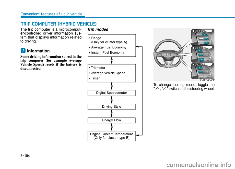 Hyundai Ioniq Plug-in Hybrid 2018 Owners Manual 3-104
Convenient features of your vehicle
The trip computer is a microcomput-
er-controlled driver information sys-
tem that displays information related
to driving.
Information
Some driving informat Hyundai Ioniq Plug-in Hybrid 2018 Owners Manual 3-104
Convenient features of your vehicle
The trip computer is a microcomput-
er-controlled driver information sys-
tem that displays information related
to driving.
Information
Some driving informat