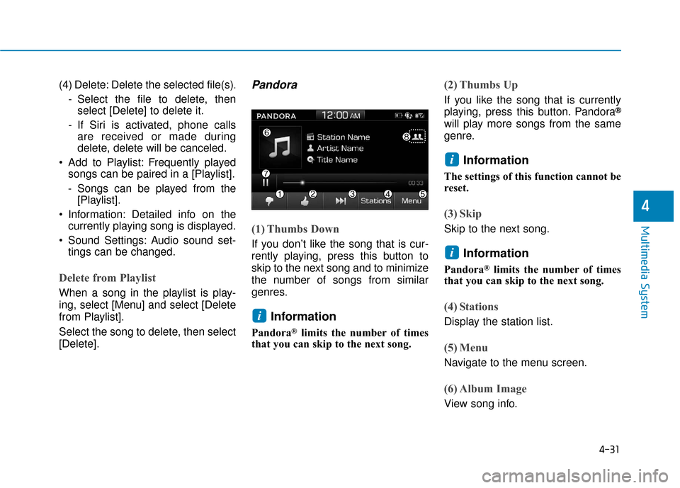 Hyundai Ioniq Plug-in Hybrid 2018  Owners Manual 4-31
Multimedia System
4
(4) Delete: Delete the selected file(s).
- Select the file to delete, thenselect [Delete] to delete it.
- If Siri is activated, phone calls are received or made during
delete,