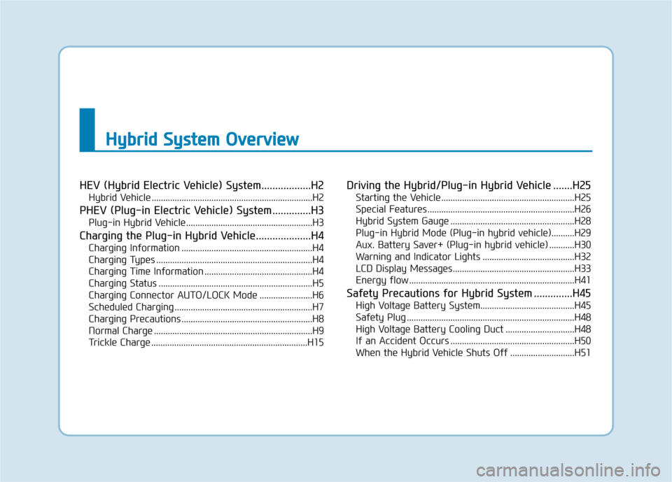 Hyundai Ioniq Plug-in Hybrid 2018  Owners Manual H
Hy
yb
br
ri
id
d  
 S
S y
ys
st
te
e m
m  
 O
O v
ve
e r
rv
v i
ie
e w
w
HEV (Hybrid Electric Vehicle) System..................H2
Hybrid Vehicle .....................................................