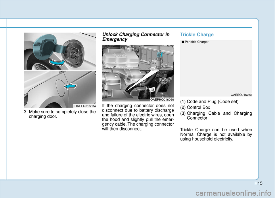 Hyundai Ioniq Plug-in Hybrid 2018  Owners Manual H15
3. Make sure to completely close thecharging door.
Unlock Charging Connector inEmergency
If the charging connector does not
disconnect due to battery discharge
and failure of the electric wires, o