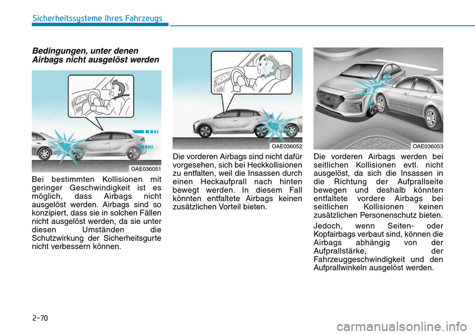 Hyundai Ioniq Plug-in Hybrid 2018  Betriebsanleitung (in German) 2-70
Sicherheitssysteme Ihres Fahrzeugs
Bedingungen, unter denen
Airbags nicht ausgelöst werden
Bei bestimmten Kollisionen mit
geringer Geschwindigkeit ist es
möglich, dass Airbags nicht
ausgelöst 