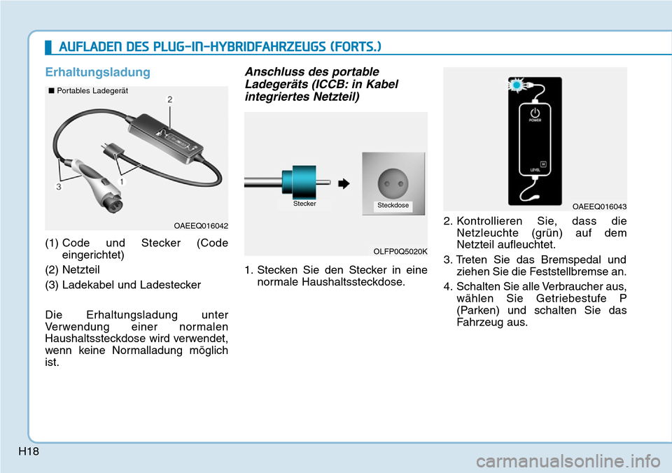 Hyundai Ioniq Plug-in Hybrid 2018  Betriebsanleitung (in German) H18
Erhaltungsladung
(1) Code und Stecker (Code
eingerichtet)
(2) Netzteil
(3) Ladekabel und Ladestecker
Die Erhaltungsladung unter
Verwendung einer normalen
Haushaltssteckdose wird verwendet,
wenn ke