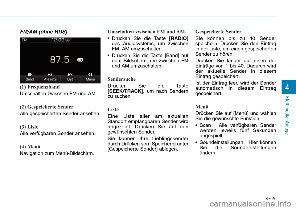 Hyundai Ioniq Plug-in Hybrid 2018  Betriebsanleitung (in German) 4-19
Multimedia-Anlage 
4
FM/AM (ohne RDS)
(1) Frequenzband
Umschalten zwischen FM und AM.
(2) Gespeicherte Sender
Alle gespeicherten Sender ansehen.
(3) Liste
Alle verfügbaren Sender ansehen.
(4) Me