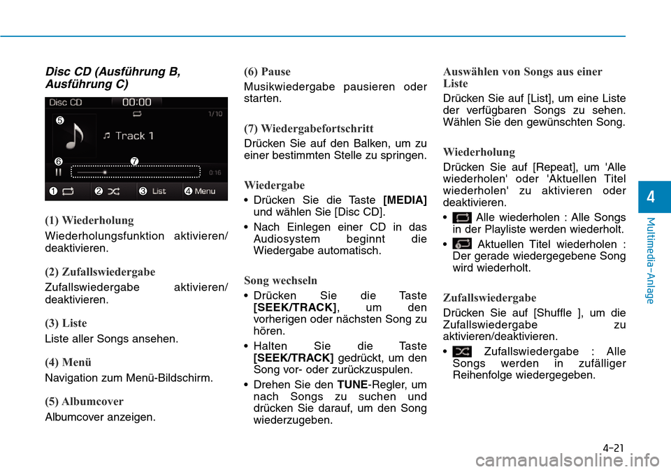 Hyundai Ioniq Plug-in Hybrid 2018 Betriebsanleitung (in German) 4-21
Multimedia-Anlage
4
Disc CD (Ausführung B,
Ausführung C)
(1) Wiederholung
Wiederholungsfunktion aktivieren/
deaktivieren.
(2) Zufallswiedergabe
Zufallswiedergabe aktivieren/
deaktivieren.
(3) Hyundai Ioniq Plug-in Hybrid 2018 Betriebsanleitung (in German) 4-21
Multimedia-Anlage
4
Disc CD (Ausführung B,
Ausführung C)
(1) Wiederholung
Wiederholungsfunktion aktivieren/
deaktivieren.
(2) Zufallswiedergabe
Zufallswiedergabe aktivieren/
deaktivieren.
(3)