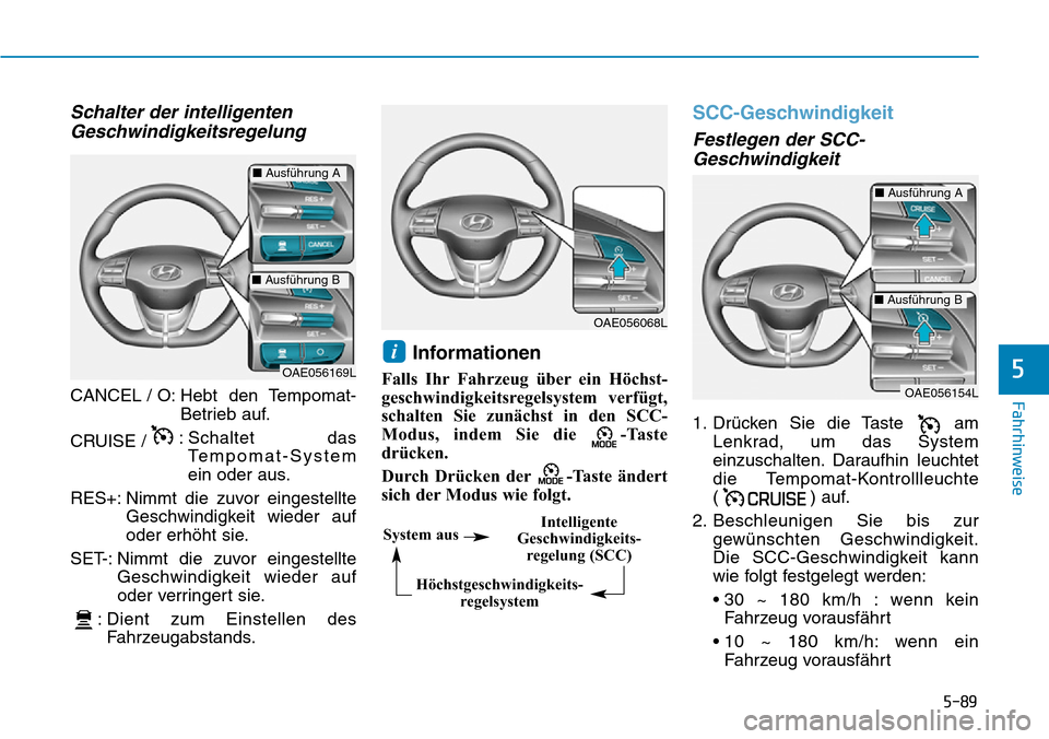 Hyundai Ioniq Plug-in Hybrid 2018 Betriebsanleitung (in German) 5-89
Fahrhinweise
5
Schalter der intelligenten
Geschwindigkeitsregelung
CANCEL / O: Hebt den Tempomat-
Betrieb auf.
CRUISE / : Schaltet das
Tempomat-System
ein oder aus.
RES+: Nimmt die zuvor einges Hyundai Ioniq Plug-in Hybrid 2018 Betriebsanleitung (in German) 5-89
Fahrhinweise
5
Schalter der intelligenten
Geschwindigkeitsregelung
CANCEL / O: Hebt den Tempomat-
Betrieb auf.
CRUISE / : Schaltet das
Tempomat-System
ein oder aus.
RES+: Nimmt die zuvor einges