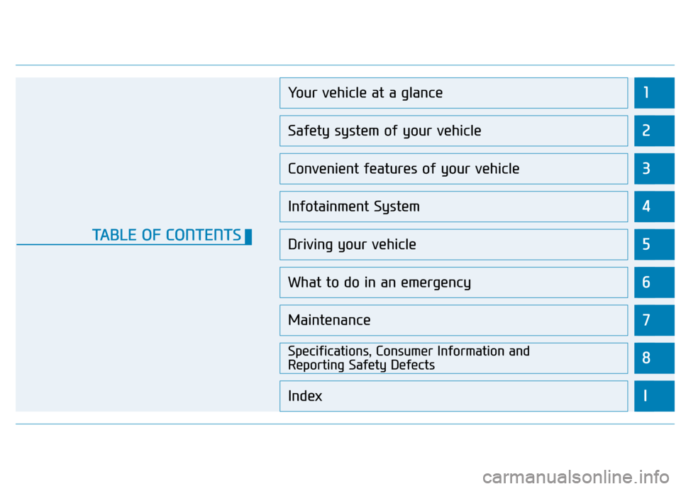 Hyundai Kona 2020  Owners Manual 1
2
3
4
5
6
7
8
I
Your vehicle at a glance
Safety system of your vehicle
Convenient features of your vehicle
Infotainment System
Driving your vehicle
What to do in an emergency
Maintenance
Specificati