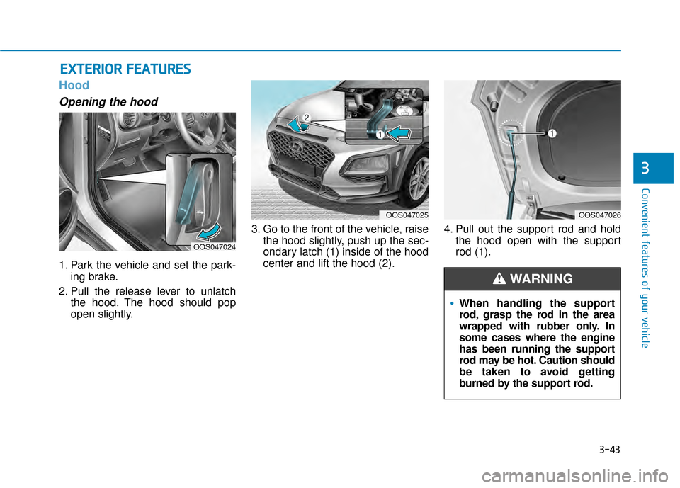 Hyundai Kona 2020  Owners Manual 3-43
Convenient features of your vehicle
3
Hood
Opening the hood 
1. Park the vehicle and set the park-ing brake.
2. Pull the release lever to unlatch the hood. The hood should pop
open slightly. 3. G