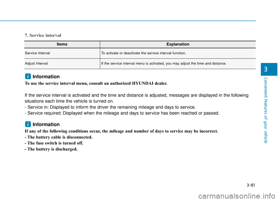 Hyundai Kona 2020 Owners Manual 3-81
Convenient features of your vehicle
3
ItemsExplanation
Service IntervalTo activate or deactivate the service interval function.
Adjust IntervalIf the service interval menu is activated, you may a Hyundai Kona 2020 Owners Manual 3-81
Convenient features of your vehicle
3
ItemsExplanation
Service IntervalTo activate or deactivate the service interval function.
Adjust IntervalIf the service interval menu is activated, you may a