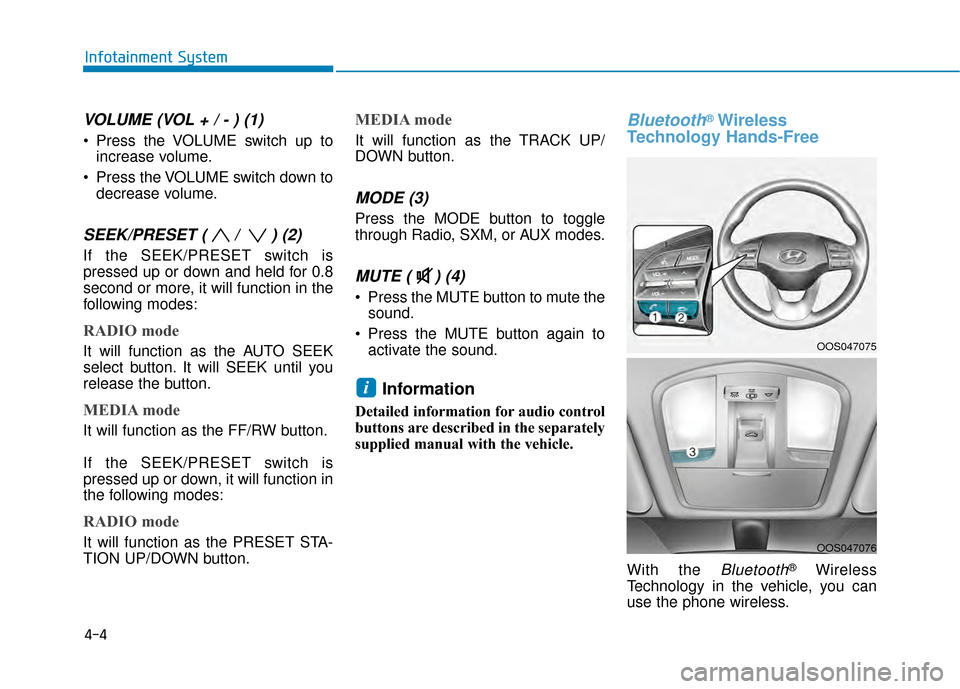 Hyundai Kona 2020 User Guide 4-4
Infotainment System
VOLUME (VOL + / - ) (1)
 Press the VOLUME switch up toincrease volume.
 Press the VOLUME switch down to decrease volume.
SEEK/PRESET ( /  ) (2)
If the SEEK/PRESET switch is
pre