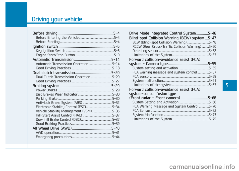 Hyundai Kona 2020  Owners Manual Driving your vehicle
5
Before driving.........................................................5-4
Before Entering the Vehicle ...........................................5-4
Before Starting ...........