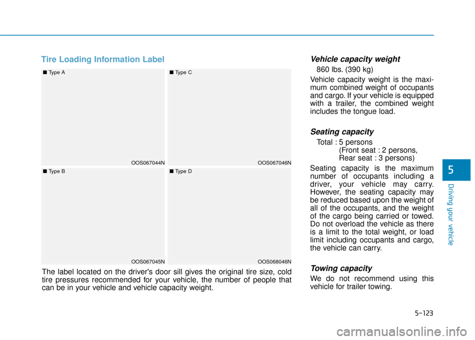 Hyundai Kona 2020  Owners Manual 5-123
Driving your vehicle
5
Tire Loading Information LabelVehicle capacity weight
860 lbs. (390 kg)
Vehicle capacity weight is the maxi-
mum combined weight of occupants
and cargo. If your vehicle is