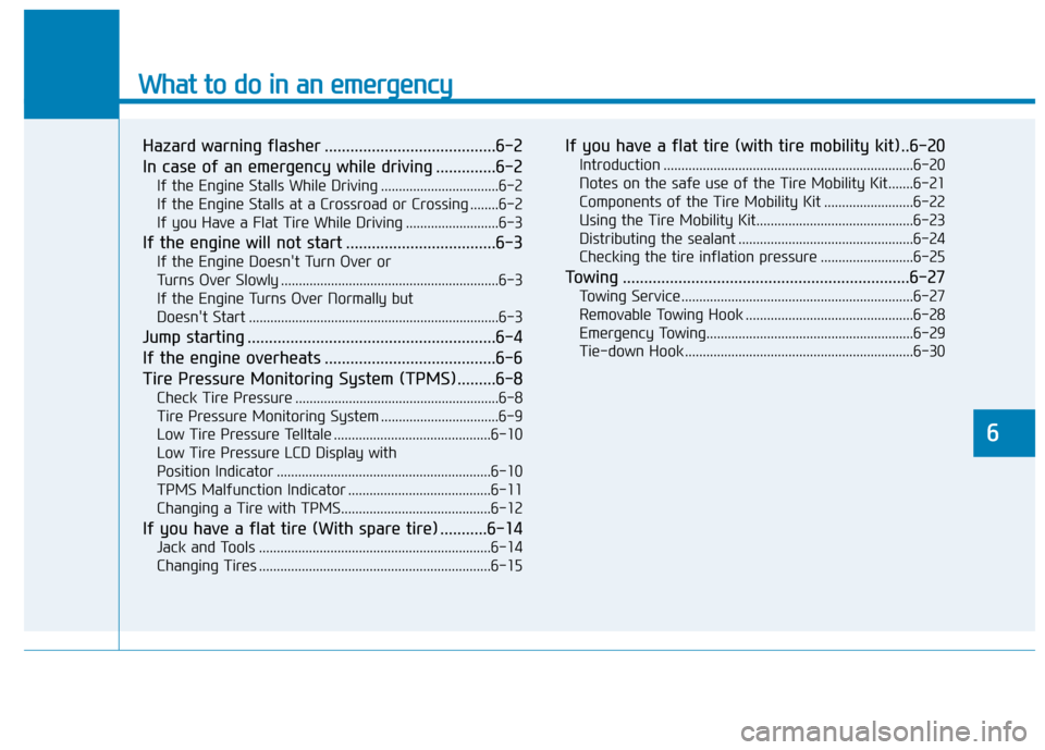 Hyundai Kona 2020  Owners Manual What to do in an emergency
6
Hazard warning flasher ........................................6-2
In case of an emergency while driving ..............6-2
If the Engine Stalls While Driving .............