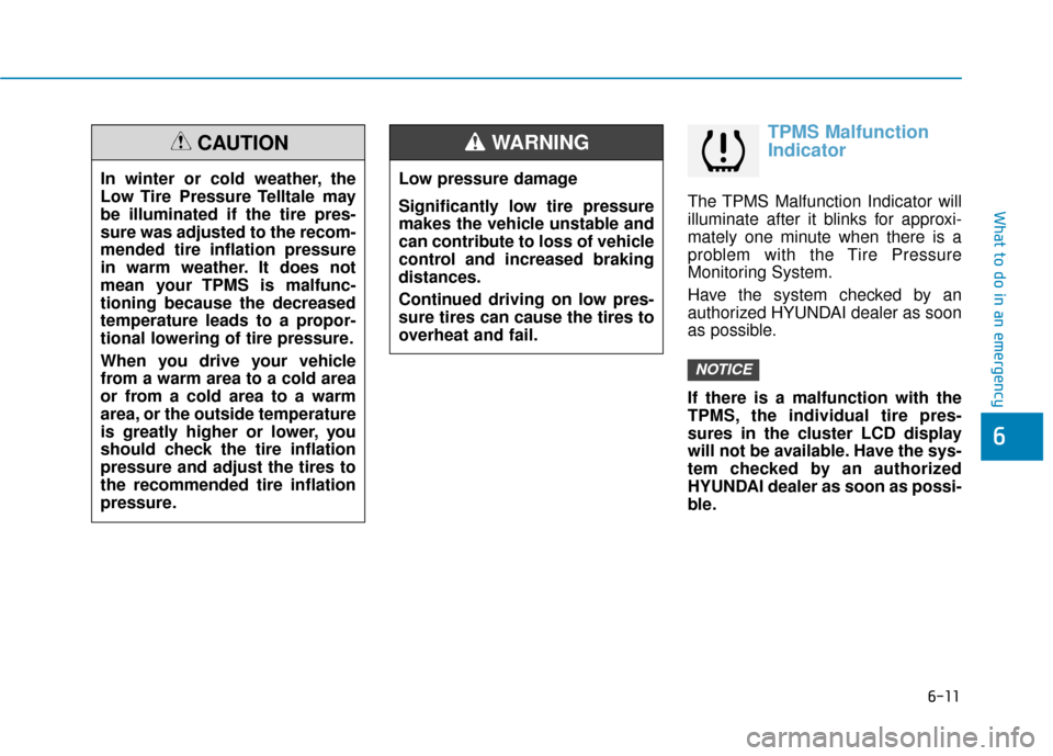 Hyundai Kona 2020  Owners Manual 6-11
What to do in an emergency
6
TPMS Malfunction
Indicator
The TPMS Malfunction Indicator will
illuminate after it blinks for approxi-
mately one minute when there is a
problem with the Tire Pressur