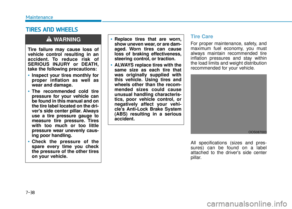 Hyundai Kona 2020  Owners Manual 7-38
Maintenance
T
TI
IR
R E
ES
S 
 A
A N
N D
D 
 W
W H
HE
EE
EL
LS
S  
 
Tire Care
For proper maintenance, safety, and
maximum fuel economy, you must
always maintain recommended tire
inflation pressu