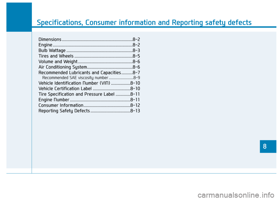 Hyundai Kona 2020  Owners Manual 888
Specifications & Consumer information
8
Specifications, Consumer information and Reporting safety defects
8
Dimensions ..............................................................8-2
Engine ....