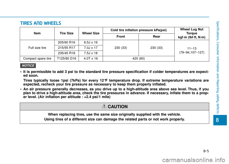 Hyundai Kona 2020  Owners Manual T
TI
IR
R E
ES
S 
 A
A N
N D
D 
 W
W H
HE
EE
EL
LS
S
8-5
88
Specifications, Consumer information and Reporting safety defects
When replacing tires, use the same size originally supplied with the vehic