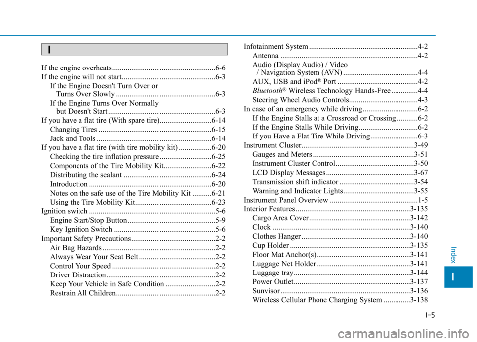 Hyundai Kona 2020  Owners Manual I-5
If the engine overheats ......................................................6-6
If the engine will not start.................................................6-3If the Engine Doesnt Turn Over or