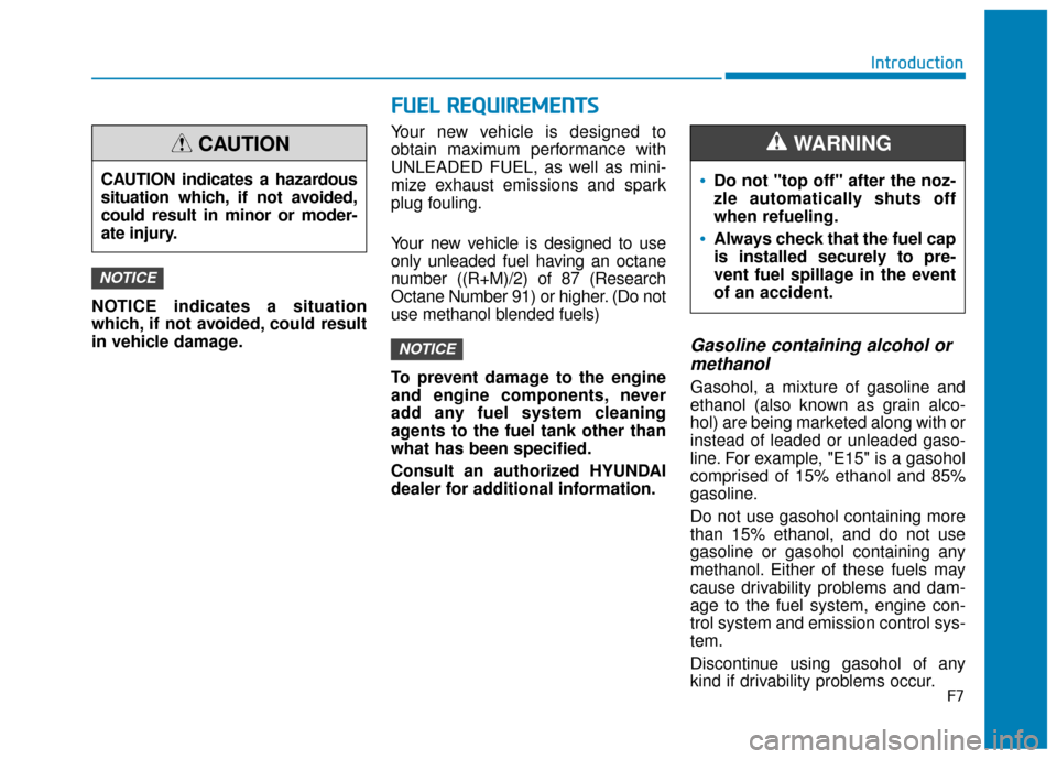 Hyundai Kona 2020  Owners Manual F7
Introduction
F
FU
U E
EL
L 
 R
R E
EQ
Q U
UI
IR
R E
EM
M E
EN
N T
TS
S
NOTICE indicates a situation
which, if not avoided, could result
in vehicle damage. Your new vehicle is designed to
obtain max