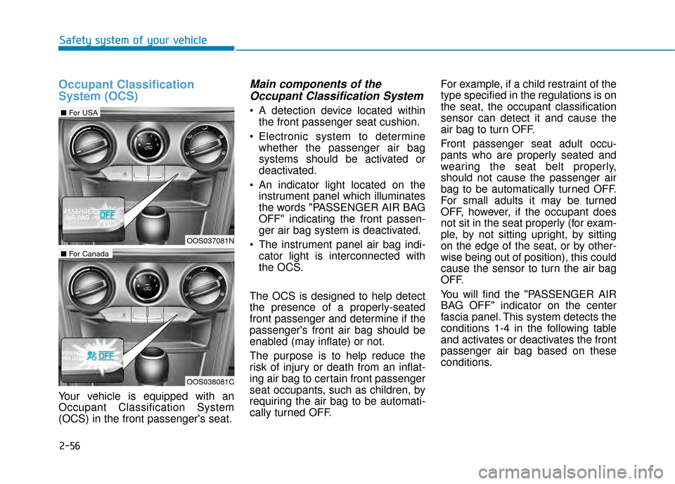 Hyundai Kona 2020  Owners Manual 2-56
Safety system of your vehicle
Occupant Classification
System (OCS)
Your vehicle is equipped with an
Occupant Classification System
(OCS) in the front passengers seat.
Main components of theOccup
