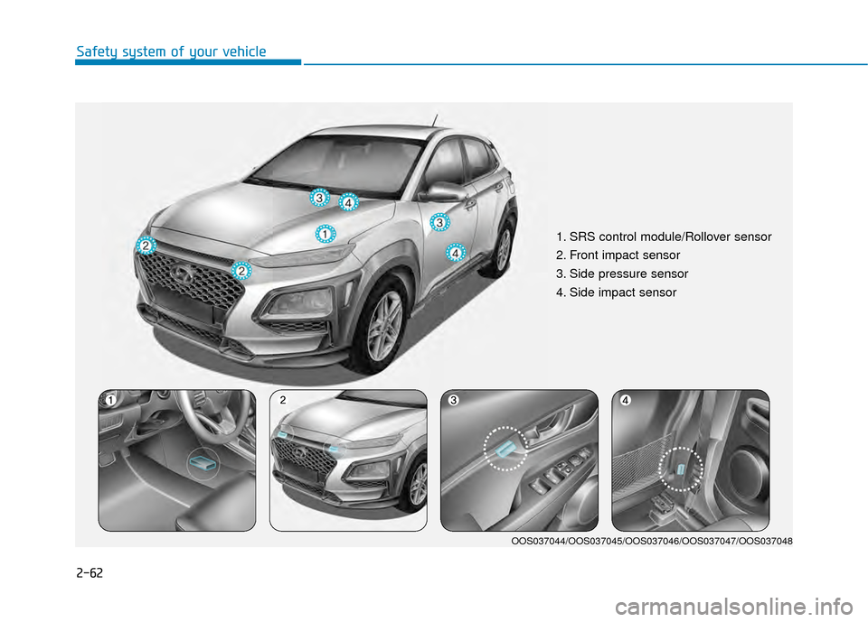 Hyundai Kona 2020 Manual PDF 2-62
Safety system of your vehicle
1. SRS control module/Rollover sensor
2. Front impact sensor
3. Side pressure sensor
4. Side impact sensor
OOS037044/OOS037045/OOS037046/OOS037047/OOS037048 Hyundai Kona 2020 Manual PDF 2-62
Safety system of your vehicle
1. SRS control module/Rollover sensor
2. Front impact sensor
3. Side pressure sensor
4. Side impact sensor
OOS037044/OOS037045/OOS037046/OOS037047/OOS037048