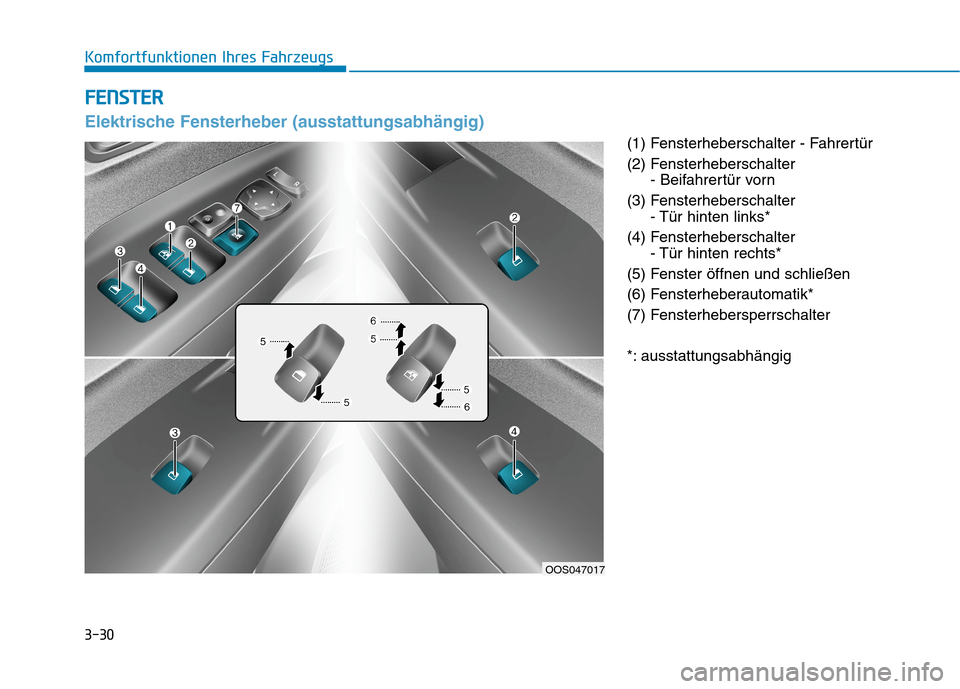 Hyundai Kona 2020 Betriebsanleitung (in German) 3-30
Komfortfunktionen Ihres Fahrzeugs
(1) Fensterheberschalter - Fahrertür
(2) Fensterheberschalter
- Beifahrertür vorn
(3) Fensterheberschalter
- Tür hinten links*
(4) Fensterheberschalter
- Tü Hyundai Kona 2020 Betriebsanleitung (in German) 3-30
Komfortfunktionen Ihres Fahrzeugs
(1) Fensterheberschalter - Fahrertür
(2) Fensterheberschalter
- Beifahrertür vorn
(3) Fensterheberschalter
- Tür hinten links*
(4) Fensterheberschalter
- Tü