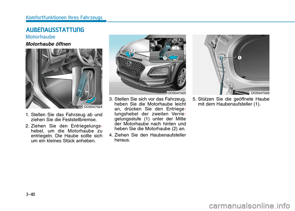 Hyundai Kona 2020 Betriebsanleitung (in German) 3-40
Komfortfunktionen Ihres Fahrzeugs
A AU
Uß
ßE
EN
NA
AU
US
SS
ST
TA
AT
TT
TU
UN
NG
G
Motorhaube
Motorhaube öffnen
1. Stellen Sie das Fahrzeug ab und
ziehen Sie die Feststellbremse.
2. Ziehen Sie Hyundai Kona 2020 Betriebsanleitung (in German) 3-40
Komfortfunktionen Ihres Fahrzeugs
A AU
Uß
ßE
EN
NA
AU
US
SS
ST
TA
AT
TT
TU
UN
NG
G
Motorhaube
Motorhaube öffnen
1. Stellen Sie das Fahrzeug ab und
ziehen Sie die Feststellbremse.
2. Ziehen Sie