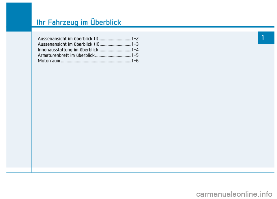 Hyundai Kona 2020 Betriebsanleitung (in German) Ihr Fahrzeug im Überblick
1
Ihr Fahrzeug im Überblick
1Aussenansicht im überblick (I).............................1-2
Aussenansicht im überblick (II)............................1-3
Innenausstattun Hyundai Kona 2020 Betriebsanleitung (in German) Ihr Fahrzeug im Überblick
1
Ihr Fahrzeug im Überblick
1Aussenansicht im überblick (I).............................1-2
Aussenansicht im überblick (II)............................1-3
Innenausstattun